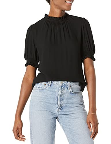 Amazon Essentials Women's Fluid Twill Short Puff Sleeve Smock Detail Shirt, Black, Medium - Image 1
