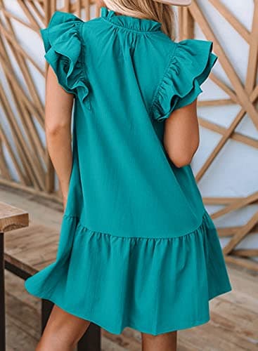 Dokotoo Summer Dresses for Women Sun Dresses 2025 Elegant V Neck Drawstring Ruffle Solid Pockets Cap Short Sleeve Casual Dresses for Women Green Large - Image 2