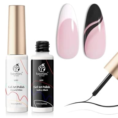 beetles Gel Polish Nail Art Liner Gel Polish Set- 2 Popular Black White Colors Nail Polish Gel Paint for Swirl Nails Built Thin Nails Art Brush in Gel Pens UV Soak off Gifts for Women - Image 1