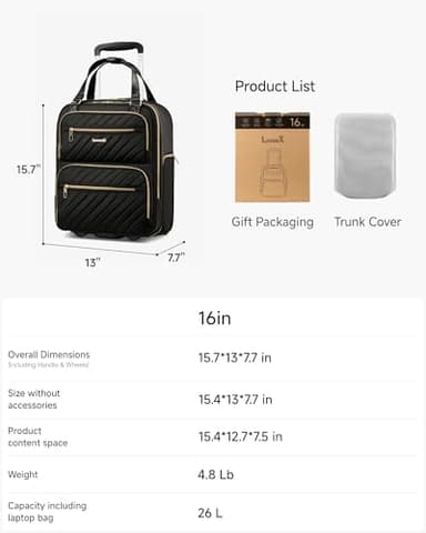 LUGGEX Underseat Carry On Luggage with Wheels, Stylish Lightweight Under Seat Luggage, Soft Sided Personal Item Suitcase for Short Trip (Black, 16 Inch) - Image 7