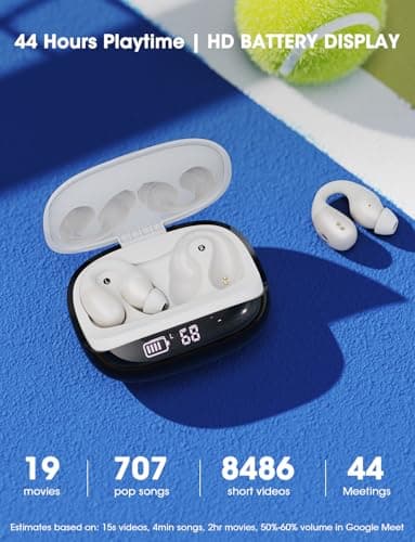 Open Ear Wireless Earbuds, Bluetooth 5.4 Clip on Earbuds with Mic, Open Ear Headphones with Charging Case LED Display, 44H Play, IP54 Waterproof, Lightweight Comfort for Running Sport Workout (White) - Image 4