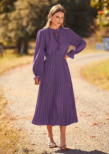 PRETTYGARDEN Women's 2025 Spring Fall Midi Dress Casual Long Sleeve V Neck Swiss Dot Pleated A Line Flowy Dresses (Dark Purple,Large) - Image 7