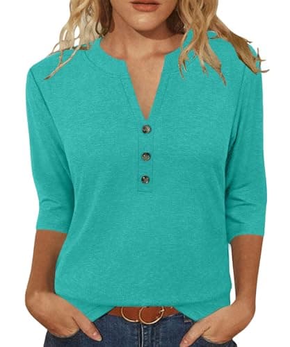 JomeDesign Womens Tops 3/4 Sleeve Shirts Loose Casual Blouses Basic T-Shirts Cyan - Image 1