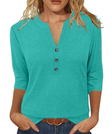 JomeDesign Womens Tops 3/4 Sleeve Shirts Loose Casual Blouses Basic T-Shirts Cyan - Image 1