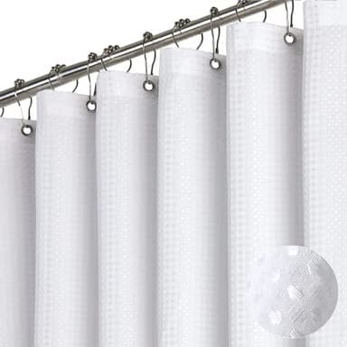 Dynamene White Fabric Shower Curtain， Waffle Weave Heavy Duty Hotel Luxury Cloth Shower Curtains for Bathroom, 72 Inch 256GSM Weighted Bath Curtain Set with 12 Plastic Hooks,72x72 - Image 1