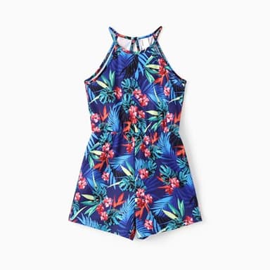 PATPAT Girls Rompers Size 3-4 Navy Blue Tropical Print 2 Pack Rompers For Girls Sleeveless Halter Neck Wide Leg One Piece Spaghetti Strap Jumpsuits Shorts 2 Piece Outfits Hawaiian Jumpsuits - Image 4