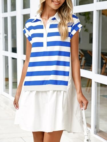 Fisoew Womens Summer Color Block Sweatshirt Dresses Short Sleeve V Neck Casual Oversized Patchwork Mini Dress - Image 2
