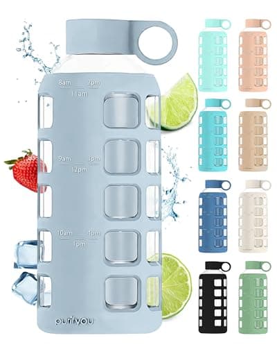 purifyou 40oz / 32oz / 22oz / 12oz Borosilicate Glass Water Bottle with Time & Volume Markers, Silicone Sleeve, Stainless Steel Lid | Reusable Glass Bottle for Water & Juice (22oz Ice Blue) - Image 1