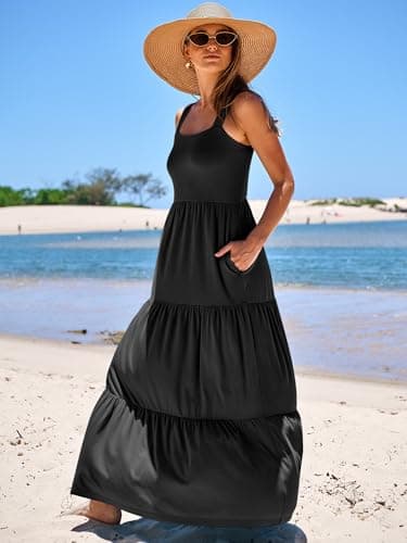 ANRABESS Women's Summer Casual Long Maxi Beach Vacation Dresses Sleeveless Square Neck Flowy Tiered Sun Dress with Pockets Black Large - Image 3