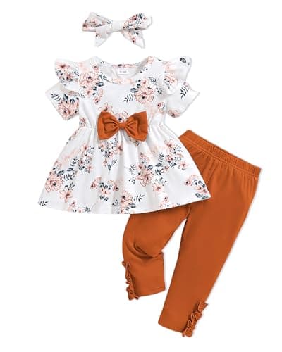 3-4 Years Old Girl Clothes 3T 4T Toddler Baby Spring Outfits Clothing KId Ruffle Top Cute Pants+Headband Summer Clothes Sets for Girls Brown+Floral - Image 1