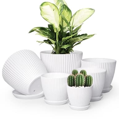 Vodotion - Plant Pots Indoor with Saucers & Drainage - 6 Pack Flower Pots - Plastic Planters for Indoor Planter - 7.5/6.6/5.8/5.0/4.3/3.5 inches Sizes for All Different Types of Plants - White - Image 1