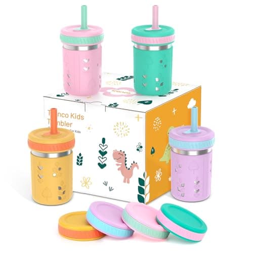 Tronco [4 Pack] 10 oz 2-in-1 Stainless Steel Kids Tumbler Cups with Silicone Sleeves, Spill-Resistant Flexible Straws & Storage Lids, BPA-Free Smoothie and Snack Cups, Dishwasher Safe - Image 1