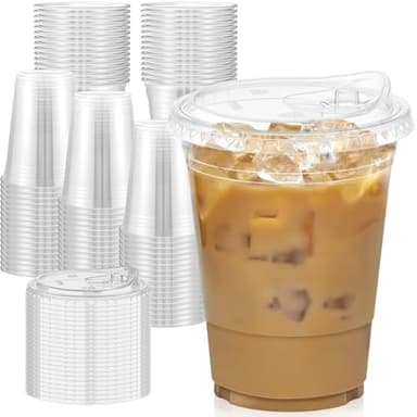 Dealusy 100 Pack - 16 oz Clear Plastic Cups with Lids, Sturdy & Food Safe Iced Coffee Cups with lids, Disposable Plastic Smoothie Cups for Cold Drinks, Sip Lids - Image 1