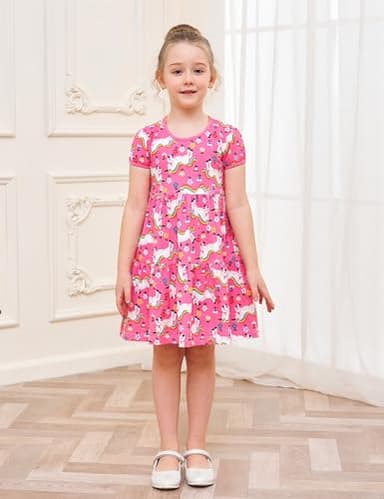 Little Girl Summer Dress Clothes Unicorn Easter Rainbow Short Sleeve Casual Twirly Tiered Swing Smocking Dresses Playwear Sundress Clothing Outfits Pink Horses 6-7 Years - Image 2