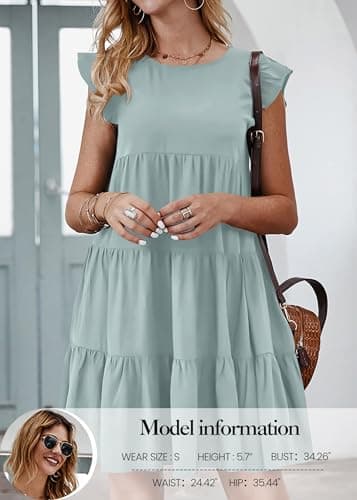 KIRUNDO Women's Summer Mini Dress Sleeveless Ruffle Sleeve Round Neck Solid Color Loose Fit Short Flowy Pleated Dress, Grey Green, Large - Image 2