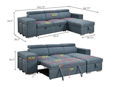 THSUPER 102'' Microfiber L Shaped Sectional Sleeper Sofa Couch with Pullout Bed and Storage Chaise, Convertible Couches with Adjustable Headrest for Living Room, Reversible Chaise. Navy Blue - Image 3