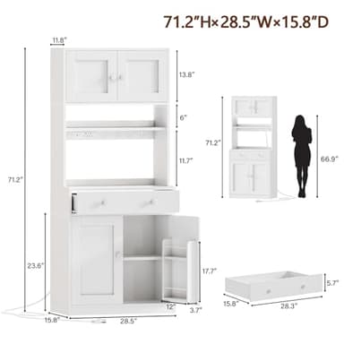 Korfile 71" Tall Kitchen Pantry Storage Cabinet with Power Outlet & LED Light, Freestanding Food Pantry Cabinet with 4 Doors and Shelves, Cupboard with Drawer, Hutch with Microwave Stand, White - Image 2