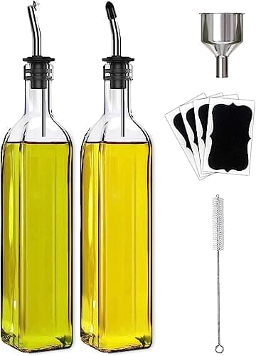 Leaflai Olive Oil Dispenser Bottle, 2 Pcs Glass Olive Oil Dispenser and Vinegar Dispenser Set with 2 Stainless Steel Pourers, 4 Labels,1 Brush and 1 Funnel Oil Bottles for Kitchen (500ml) - Image 1