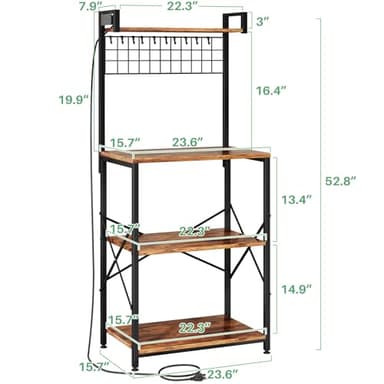 SNTD Bakers Rack with Power Outlet, Kitchen Shelves Microwave Stand with Wire Grid and 10 Hooks, 4 Tiers Coffee Stand (Rustic Brown, 23.5 x 15.6 x 52.8 Inches) - Image 2