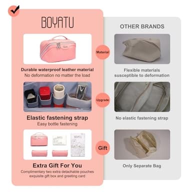 Travel Makeup Bags Cosmetic Organizer Bag: Quilted Make up Bag Set of 3 - PU Leather Toiletry Bags for Women - Portable Makeup Organizer with Compartments & Handle & Divider (14-Pink) - Image 7