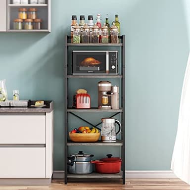 Denkee 5-Tier Bakers Rack for Kitchen with Storage, Industrial Microwave Stand Shelf, Coffee Bar for Small Spaces, Free Standing Kitchen Storage Shelf Rack, 23.62" L x 15.75" W x 60.24" H, Grey - Image 3