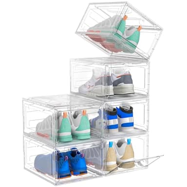 ARSTPEOE Upgrade Harder Solid Plastic Shoe Organizer, Shoe Storage with Magnetic Front Door, Shoe Rack 6 Pack Shoe Boxes Clear, Sneaker Storage, Shoe Organizer for Closet, Shoe Display Case, White - Image 1