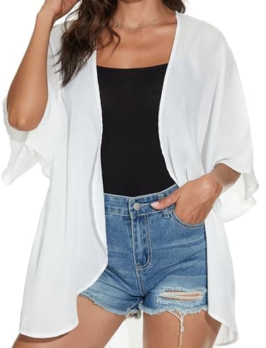 Women Summer Tops Kimono Cardigans Sheer Beach Cover Ups Chiffon Open Front Shirts （White,3XL - Image 5