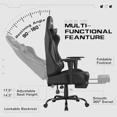 Homall Gaming Chairs, Computer Chair with Footrest and Massage Lumbar Support, Height Adjustable Game Chair with Headrest and Swivel Seat (Black) - Image 6
