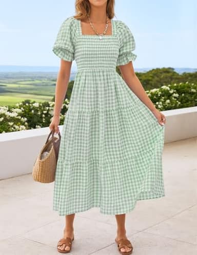 ZESICA Women's 2025 Bohemian Summer Plaid Square Neck Puff Sleeve Ruffle Flowy Beach Midi Dress,Green,Large - Image 5