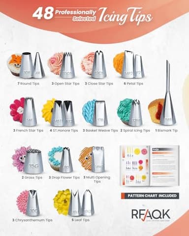 RFAQK 250 PCs Aluminum Cake Decorating Tools Kit with 12" Metal Turntable & Knife set-48 Numbered Icing Tips-3 Russian Piping Nozzles-Straight & Angled Spatula-Cake Leveler& Baking Supplies Tools - Image 5