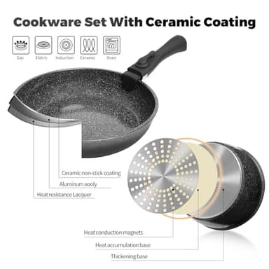 ZHANG XIAO QUAN SINCE 1628 Pots and Pans Set Non Stick, Black Pots and Pans Set, 6PCS Aluminium Oven Safe Cookware Set, PTFE/PFAS/PFOA Free Cookware, Non Stick Pots and Pan Set Detachable Handle - Image 3