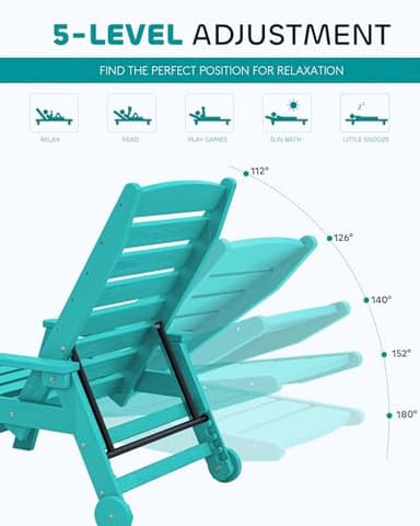 SERWALL Patio Chaise Lounge Chair Set of 2, 78'' Long 5-Positions Adjustable HDPE Outdoor Lounger for Pool, Poly Lounge Chair with Rolling Wheels & Cup Holder for Poolside, Deck, Aqua Blue - Image 4