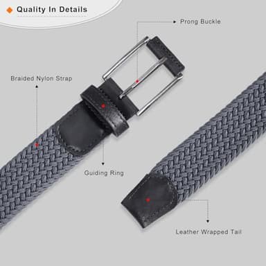DENGFENGZHE Belt for Men, 1 3/8" Mens Gift Stretch Braided Web Belt Elastic for Casual Golf Jeans, 2 Pack (Black+Gray, 36" to 42" Waist Adjustable) - Image 4