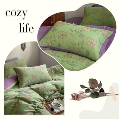 VM VOUGEMARKET Linen Cotton Jacquard Duvet Cover Queen,3 Pcs Yarn-Dyed Textured Duvet Cover Set Green Purple Floral Bedding Breathable, Natural Wrinkled Look-No Comforter - Image 9