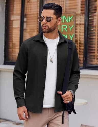 COOFANDY Mens Long Sleeve Button Down Shirts Casual Untucked Shirts Stretch Shirts Black - Image 3
