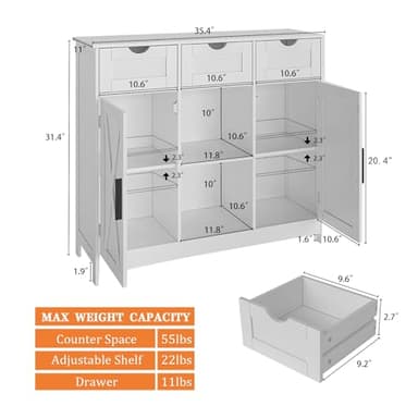 Viaozutis Storage Cabinet, Coffee Bar Cabinet with 2 Adjustable Shelves, 3 Drawers, and 2 Doors, for Bathroom, Kitchen, Living Room (White) - Image 2