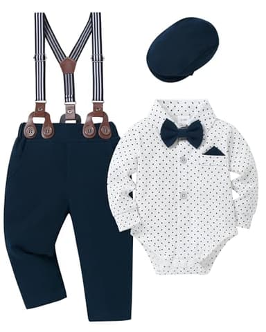 YALLET Baby Boy Clothes Suit, Infant Gentleman Outfits Dress Shirt+Bowtie+Beret Hat+Detachable Suspender Pants（Dots, 3-6 Months） - Image 1