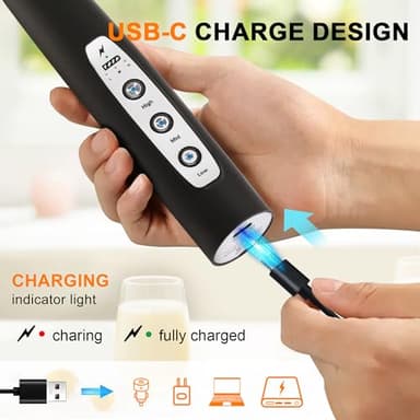YUSWKO Black Handheld Milk Frother Wand for Coffee, Rechargeable Electric Whisk with 3 Heads 3 Speeds Drink Mixer Coffee Frother For Latte, Cappuccino, Hot Chocolate, Egg - Image 2