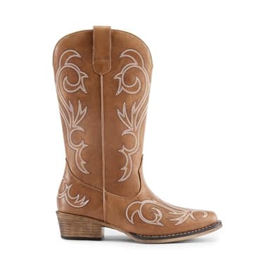 DREAM PAIRS Women's Cowboy Boots Mid Calf Cowgirl Boots Square Toe Chunky Heel Embroidery Stitched Western Boots,Size 7.5,Tan,SDMB2403W - Image 2