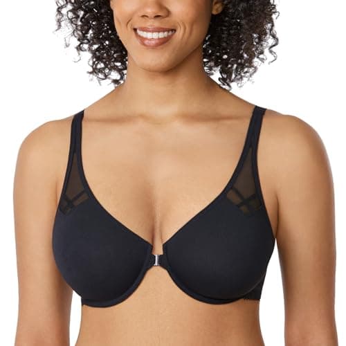 DELIMIRA Women's Front Closure Racerback Bras Plus Size Full Coverage Supportive Underwire Plunge Unlined Bra Black 32C - Image 1