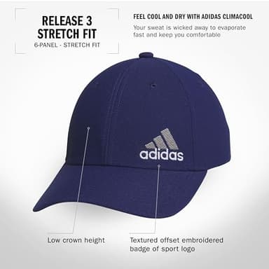 adidas Men's Release 3 Structured Stretch Fit Cap, Dark Blue/Grey/White, Small-Medium - Image 2