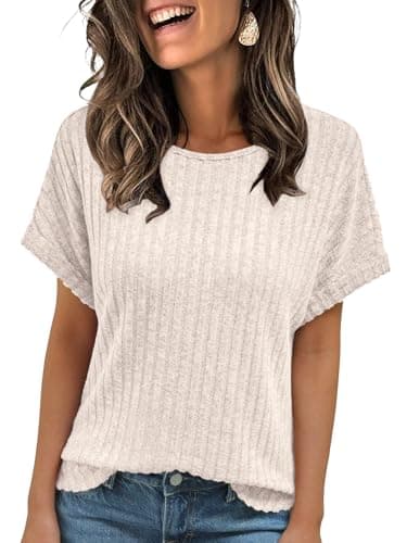 AUTOMET Women Textured Shirts Fall Sweaters Loose Fit Short Sleeve Tunic Tops 2025 Dressy Casual Business Blouses Apricot 3XL - Image 1