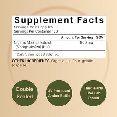 NatureBell Pure Moringa Capsules | Made with Moringa Powder Organic, 240 Capsules – Green Superfood, Skin Health, & Immune Support – Non-GMO, Gluten Free, 4 Month Supply - Image 2