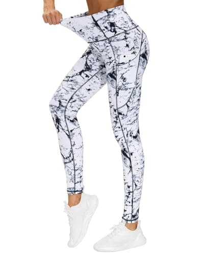 THE GYM PEOPLE Thick High Waist Yoga Pants with Pockets, Tummy Control Workout Running Yoga Leggings for Women (X-Large, Marble) - Image 1