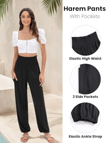 QIANXIZHAN Women's Harem Pants, High Waist Yoga Boho Trousers with Pockets Black 2XL - Image 3