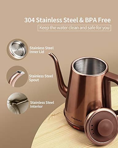DmofwHi 1000W Gooseneck Electric Kettle (1.0L),100% Stainless Steel BPA Free Tea Kettle with Auto Shut - Off Protection, Pour Over Coffee Kettle -Copper - Image 3