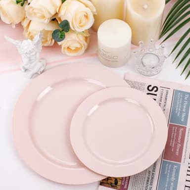 FLOWERCAT 100PCS Pink Plastic Plates - Heavy Duty Pink Party set Disposable serve for 50 guests -10 inch Dinner + 7 inch Dessert/Salad Plates for Easter,Birthday Party,Mother's Day - Image 3