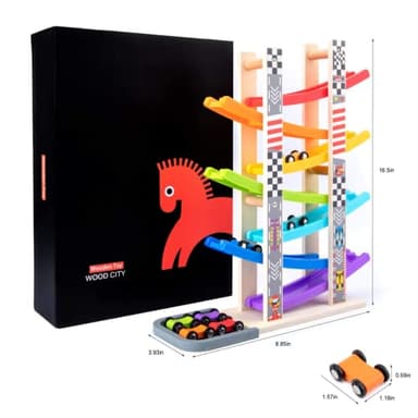 Wood City Toddler Toys for 1 2 3 Years Old, Wooden Car Ramp Racer Toy Vehicle Set with 7 Mini Cars & Race Tracks, Montessori Toys Craft Gift for Toddlers Boys and Girls - Image 3