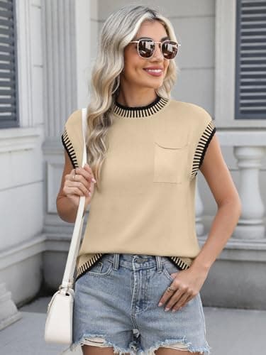 AFVETUT Womens Cap Sleeve Knit Sweater Sleeveless Vest 2025 Summer Spring Mock Neck Casual Pullover Tank Tops Shirts Apricot - Image 6