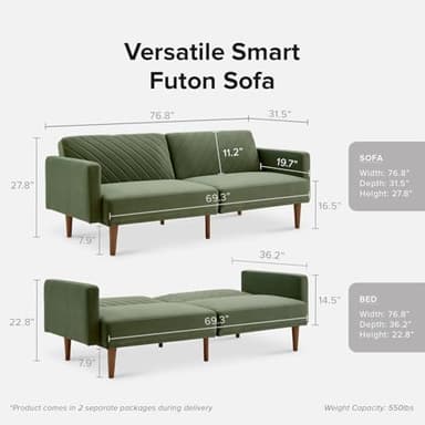 mopio 76.8" Futon Sofa Bed, Small Couch, Sleeper, Loveseat, Mid Century Modern Futon Couch, Sofa Cama, Couches for Living Room (Olive Green Premium Velvet) - Image 2
